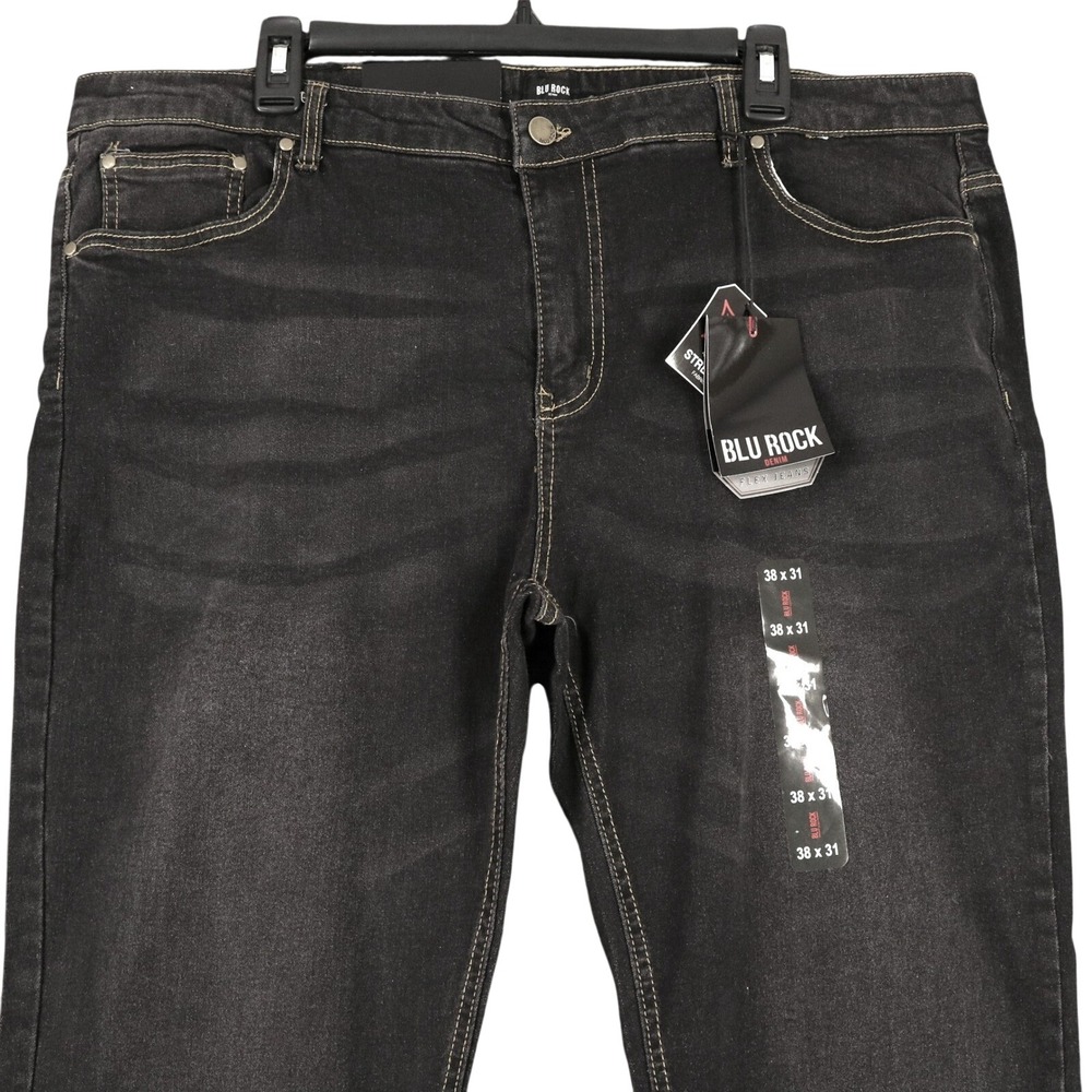Blu Rock Flex Jeans Mens 38x31 Jet Black Slim Fit Comfort Stretch Casual Wear